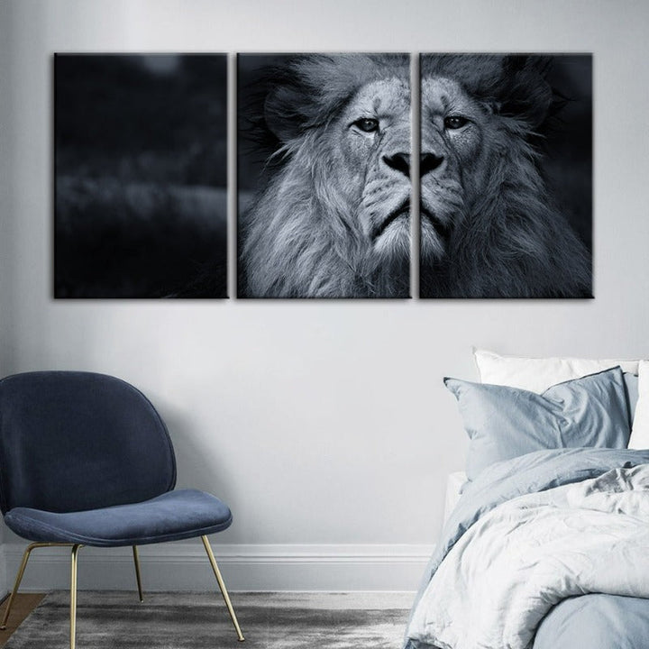 Grijs Schaal Bezorgde Leeuw Canvas Muurkunst Schilderij 3 Stukken