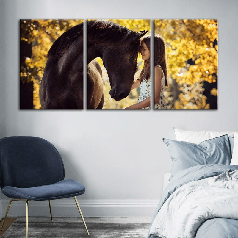 Vriendschap tussen een meisje en een paard - Canvas wandkunst schilderij 3 delen