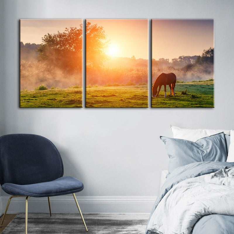 Zonsopgang Grazen Paard-Canvas Wandkunst Schilderij 3 Stukken
