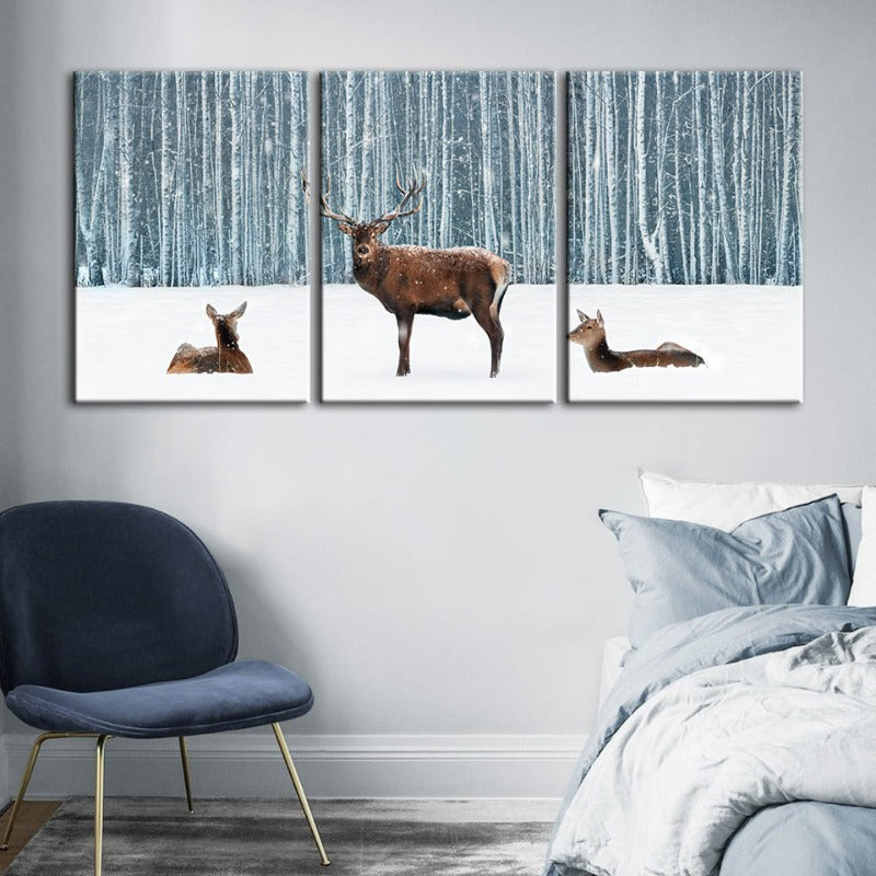 Twee herten en een doe in de winter - Canvas wandkunst schilderij 3 stukken