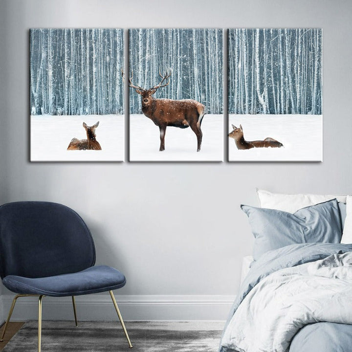 Twee herten en een doe in de winter - Canvas wandkunst schilderij 3 stukken