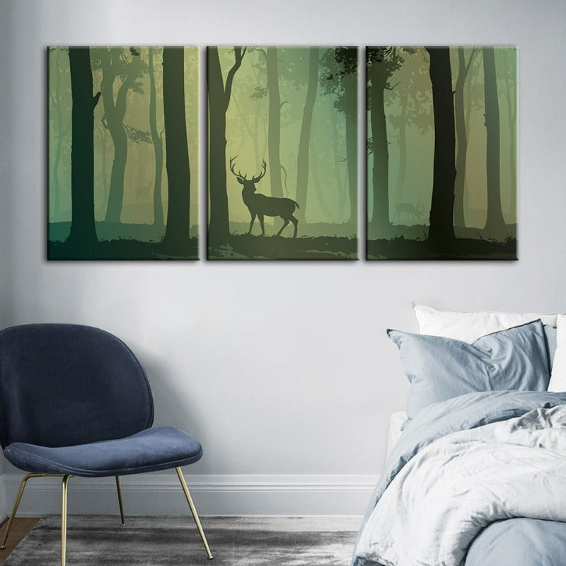 Betoverde Groene Tint Geshilhouetteerd Hert Canvas Muurkunst Schilderij 3 Stukken