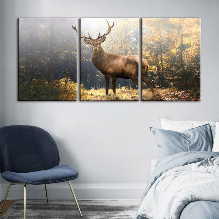 Majestueuze herten in het bos - Canvas wandkunst schilderij 3 delen