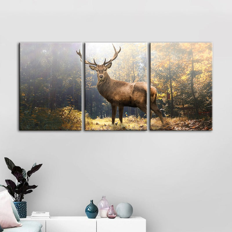 Majestueuze herten in het bos - Canvas wandkunst schilderij 3 delen