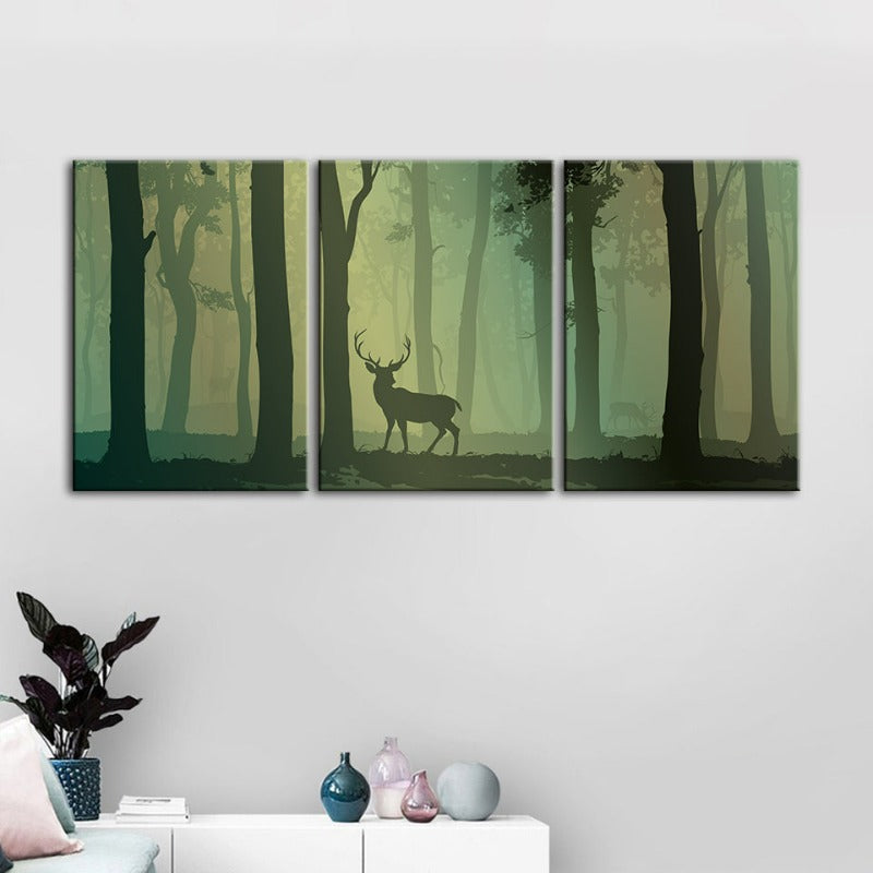 Betoverde Groene Tint Geshilhouetteerd Hert Canvas Muurkunst Schilderij 3 Stukken