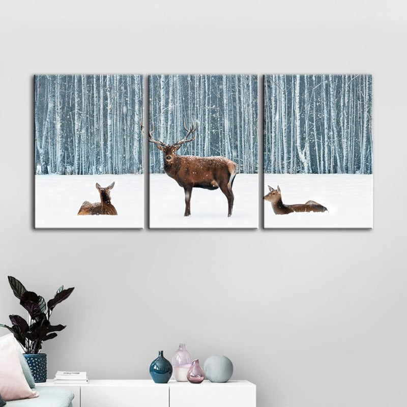 Twee herten en een doe in de winter - Canvas wandkunst schilderij 3 stukken