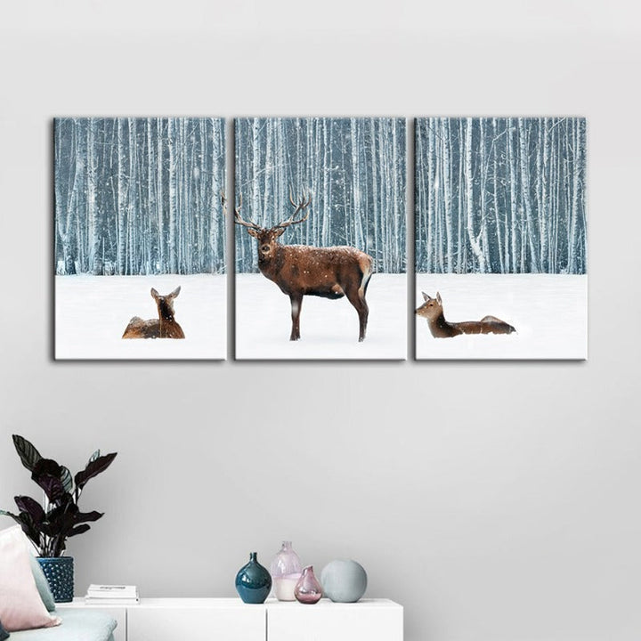 Twee herten en een doe in de winter - Canvas wandkunst schilderij 3 stukken