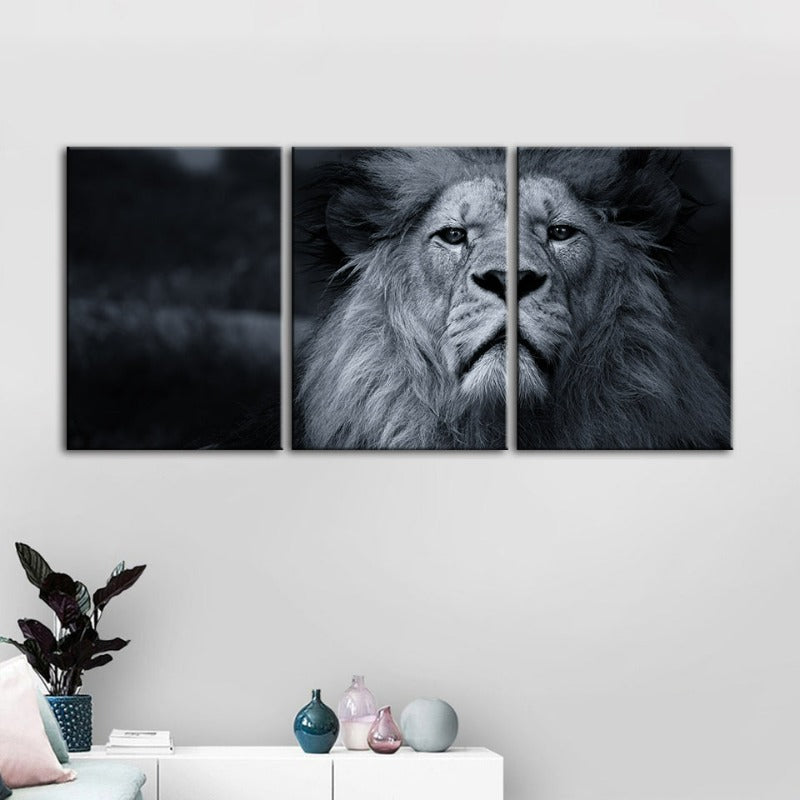Grijs Schaal Bezorgde Leeuw Canvas Muurkunst Schilderij 3 Stukken