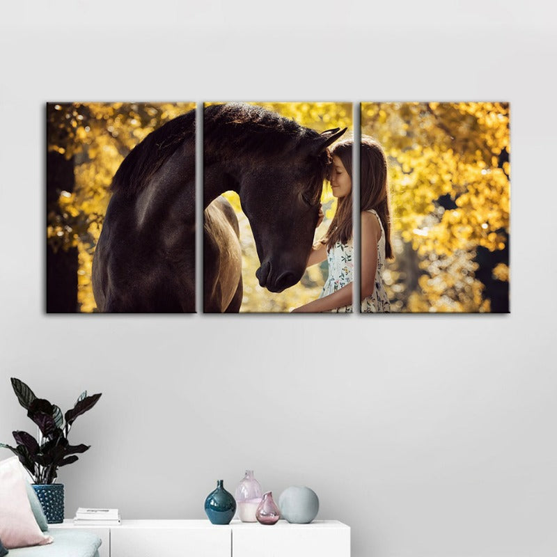 Vriendschap tussen een meisje en een paard - Canvas wandkunst schilderij 3 delen