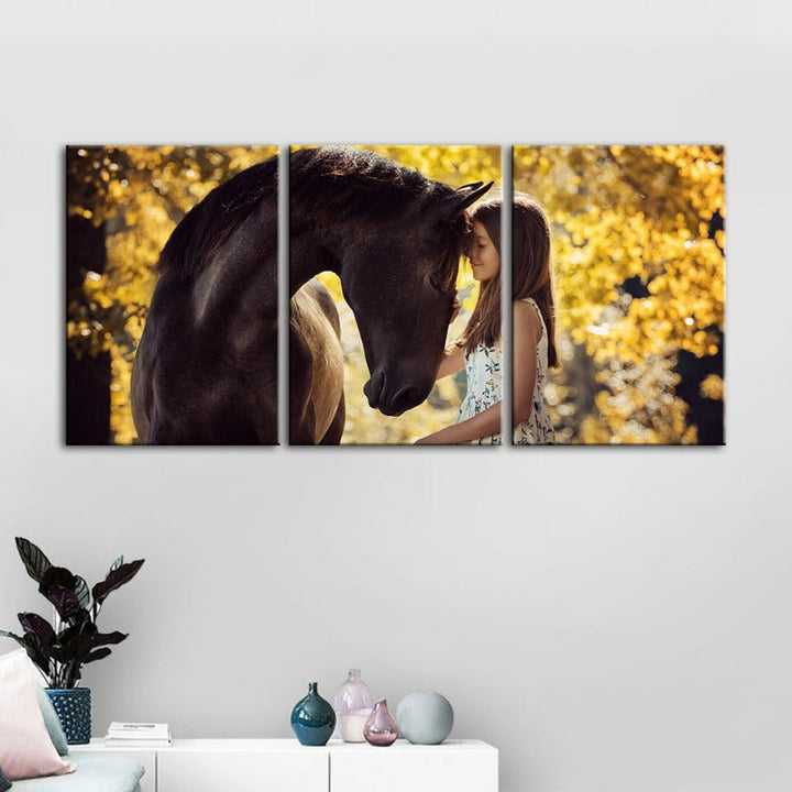 Vriendschap tussen een meisje en een paard - Canvas wandkunst schilderij 3 delen