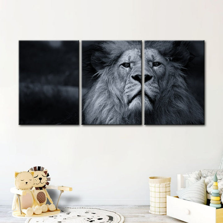 Grijs Schaal Bezorgde Leeuw Canvas Muurkunst Schilderij 3 Stukken