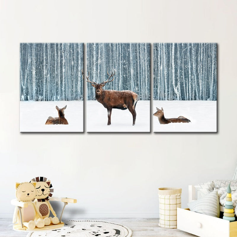 Twee herten en een doe in de winter - Canvas wandkunst schilderij 3 stukken