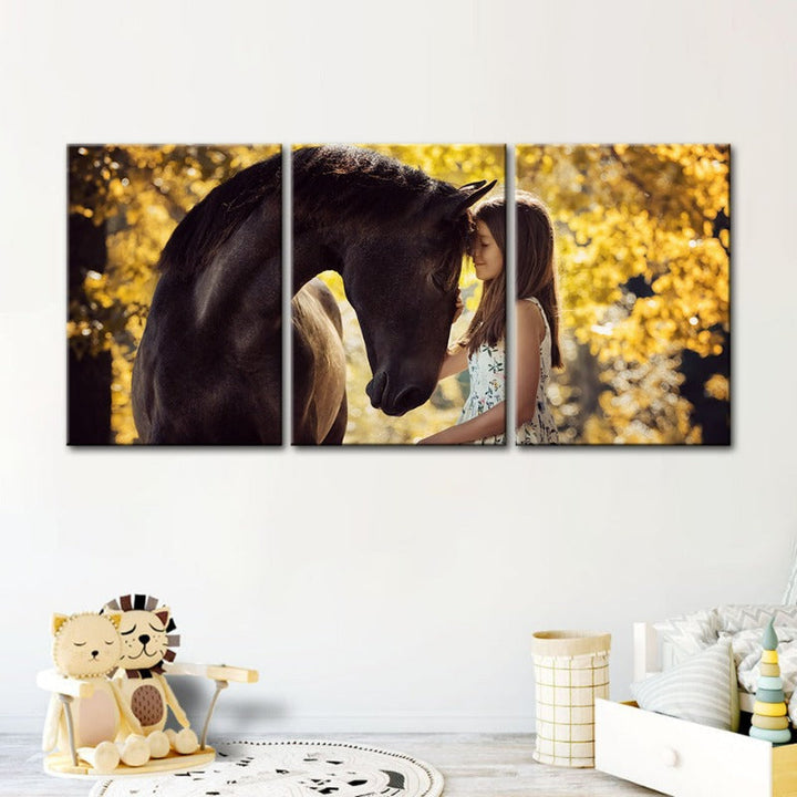 Vriendschap tussen een meisje en een paard - Canvas wandkunst schilderij 3 delen