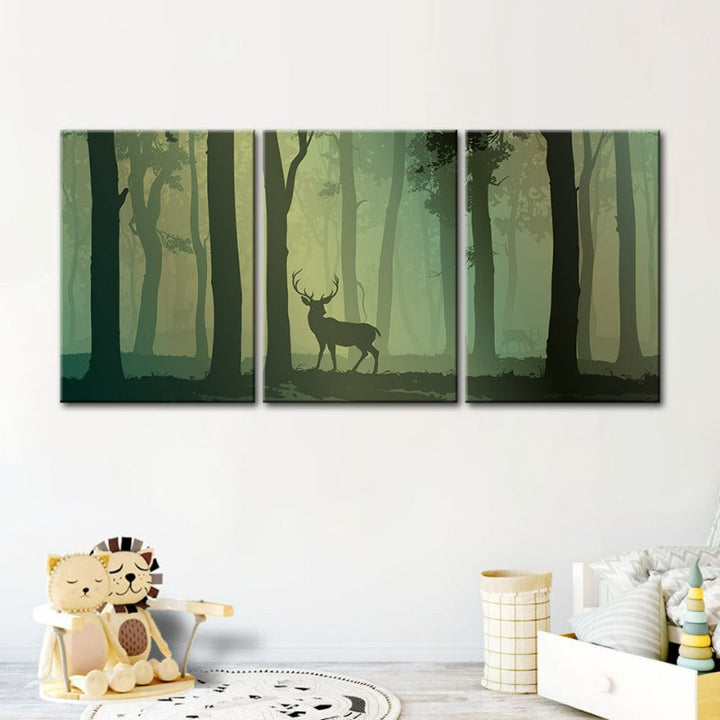 Betoverde Groene Tint Geshilhouetteerd Hert Canvas Muurkunst Schilderij 3 Stukken