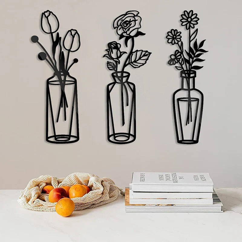 Bloemen in een vaas Zwarte Metaal Wandkunst 3D Sculptuur Eisenkunst Wanddecoraties voor Woonkamer Eetkamer Creatieve Noordse Woondecoratie
