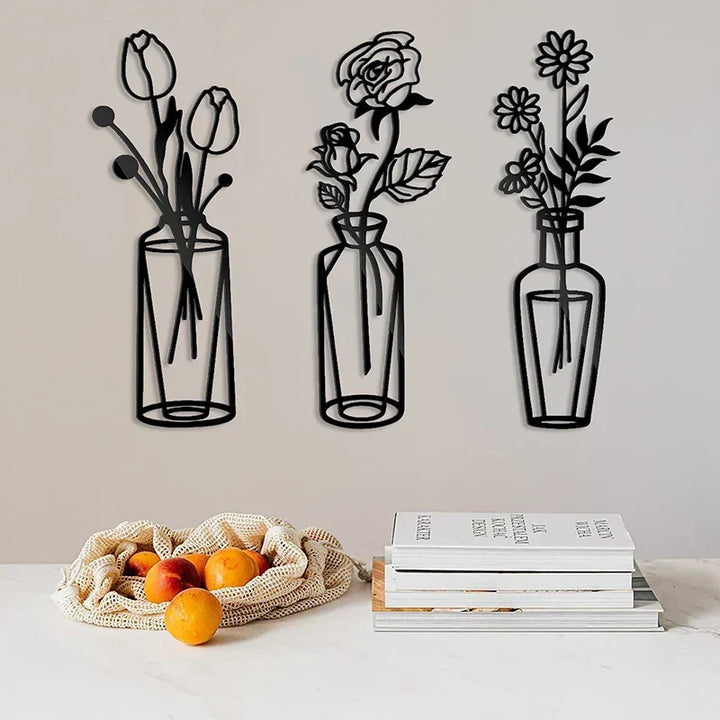 Bloemen in een vaas Zwarte Metaal Wandkunst 3D Sculptuur Eisenkunst Wanddecoraties voor Woonkamer Eetkamer Creatieve Noordse Woondecoratie