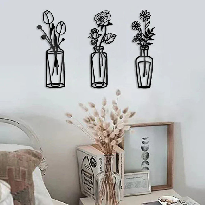 Bloemen in een vaas Zwarte Metaal Wandkunst 3D Sculptuur Eisenkunst Wanddecoraties voor Woonkamer Eetkamer Creatieve Noordse Woondecoratie