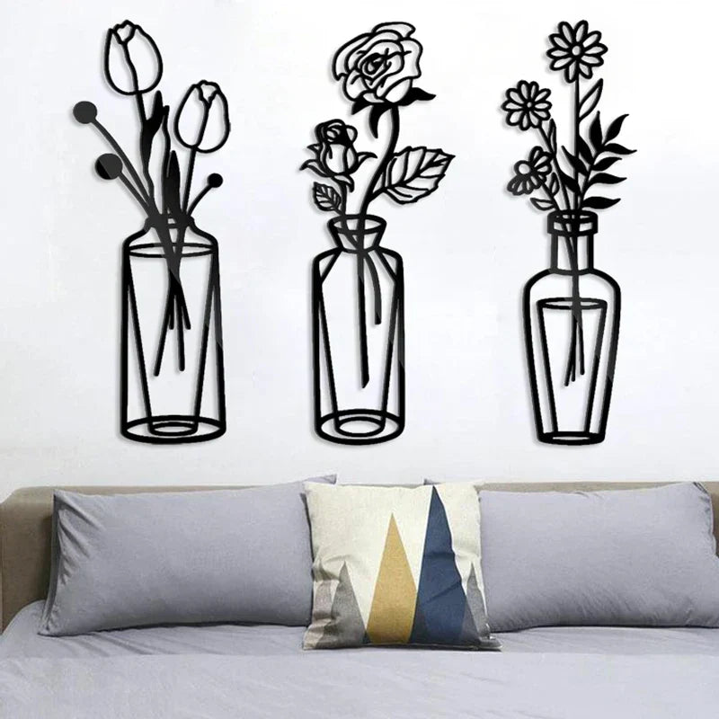 Bloemen in een vaas Zwarte Metaal Wandkunst 3D Sculptuur Eisenkunst Wanddecoraties voor Woonkamer Eetkamer Creatieve Noordse Woondecoratie