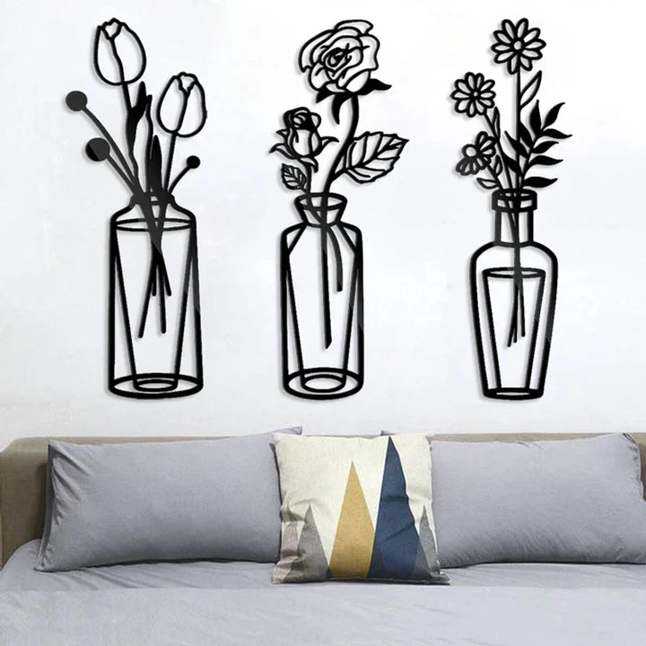 Bloemen in een vaas Zwarte Metaal Wandkunst 3D Sculptuur Eisenkunst Wanddecoraties voor Woonkamer Eetkamer Creatieve Noordse Woondecoratie