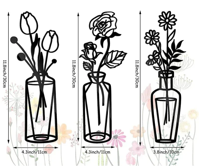 Bloemen in een vaas Zwarte Metaal Wandkunst 3D Sculptuur Eisenkunst Wanddecoraties voor Woonkamer Eetkamer Creatieve Noordse Woondecoratie