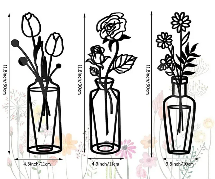 Bloemen in een vaas Zwarte Metaal Wandkunst 3D Sculptuur Eisenkunst Wanddecoraties voor Woonkamer Eetkamer Creatieve Noordse Woondecoratie