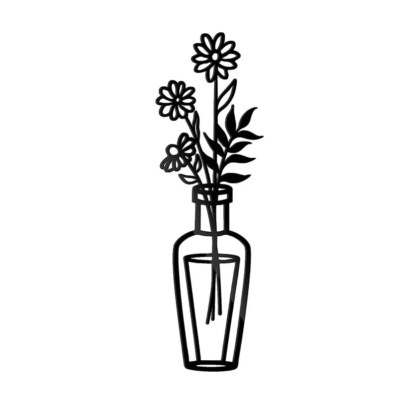 Bloemen in een vaas Zwarte Metaal Wandkunst 3D Sculptuur Eisenkunst Wanddecoraties voor Woonkamer Eetkamer Creatieve Noordse Woondecoratie
