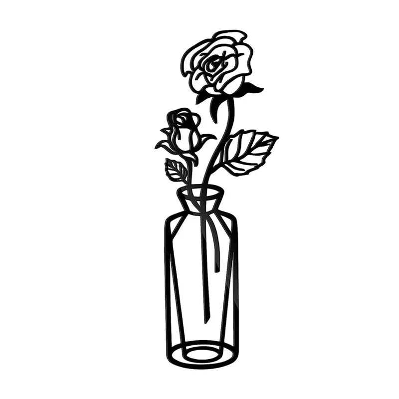 Bloemen in een vaas Zwarte Metaal Wandkunst 3D Sculptuur Eisenkunst Wanddecoraties voor Woonkamer Eetkamer Creatieve Noordse Woondecoratie