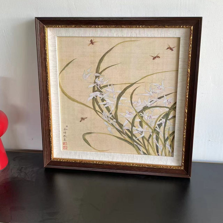 Gekaderde Aziatisch geïnspireerde bloem vogel kunstwerk
