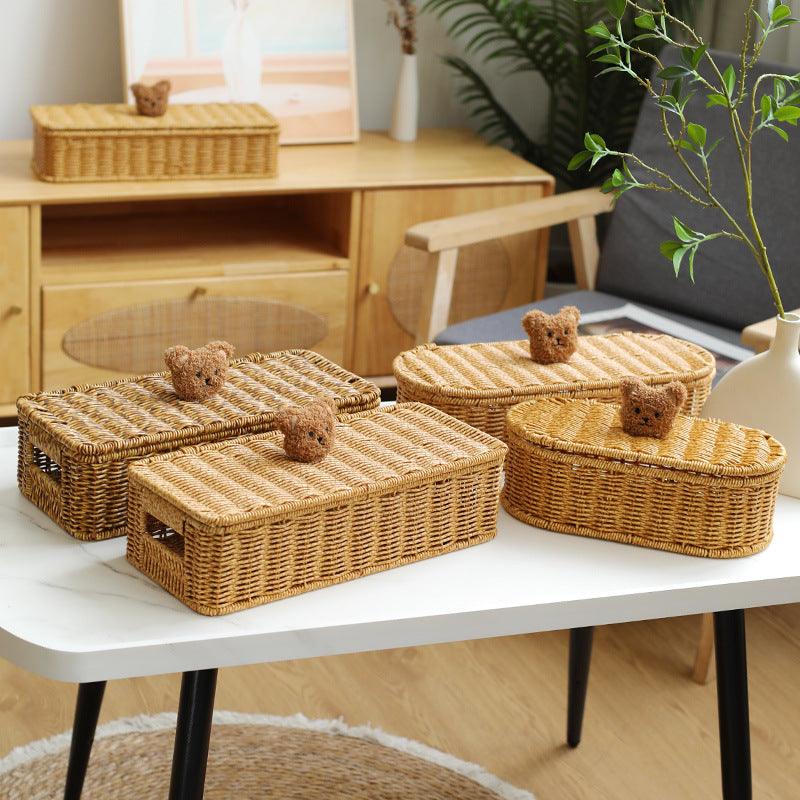 Decoratieve Gevlochten Opbergdoos Met Schattig Beren Deksel