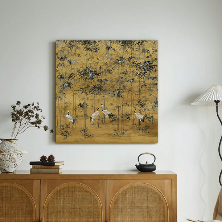 Gekaderde Bamboe en Kraanvogel Wandkunst