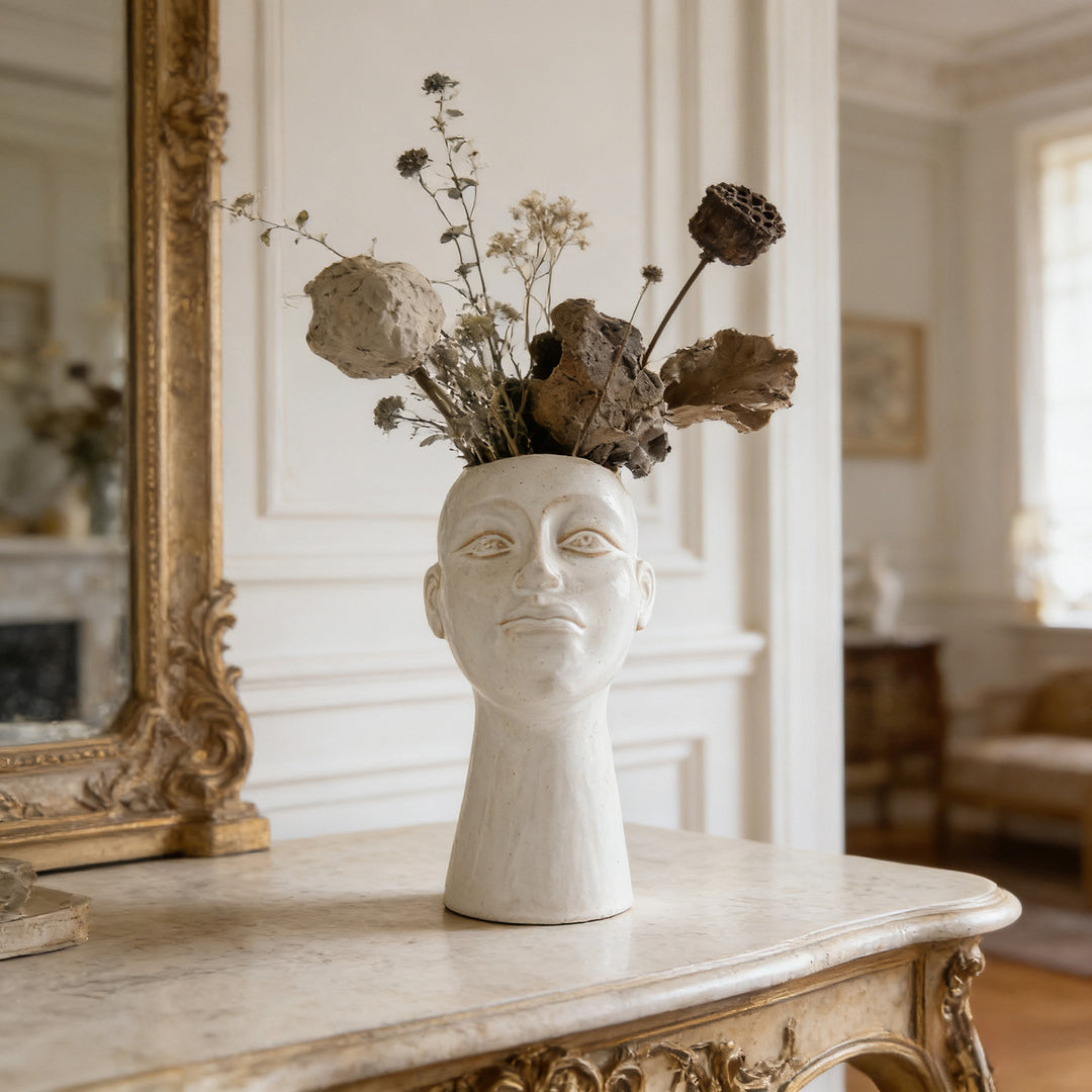 Handgeglazuurde hedendaagse sculpturale hoofd plantenvaas met smalle hals