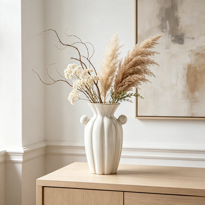Handge-crafted gefloteerde keramische decoratieve vaas met gesculpteerde zijhandvatten