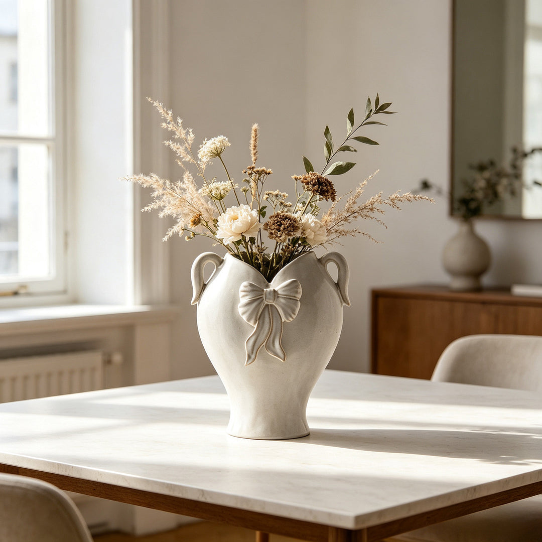 Decoratieve Keramieken Vaasje Versierd met Lint en Dubbele Lussen Handvatten