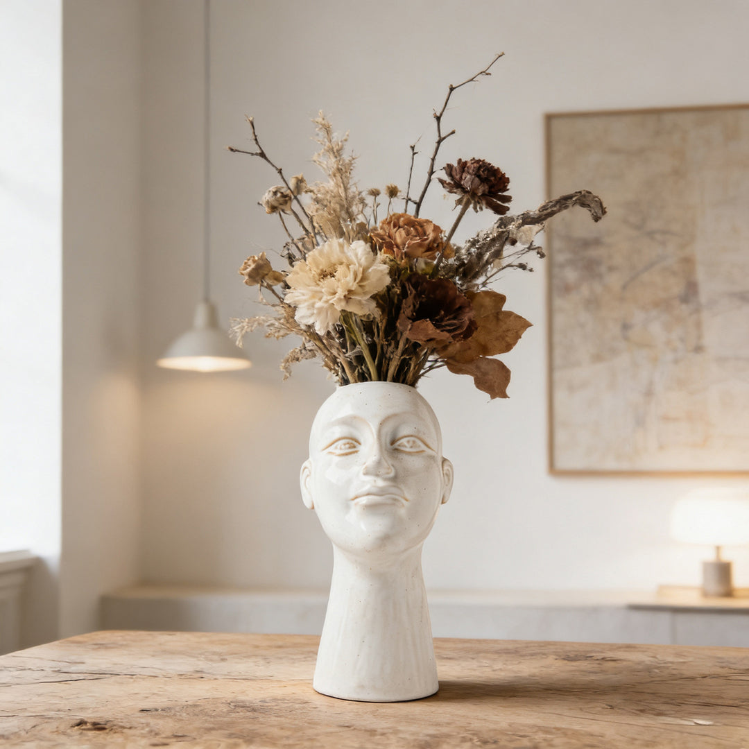 Handgeglazuurde hedendaagse sculpturale hoofd plantenvaas met smalle hals