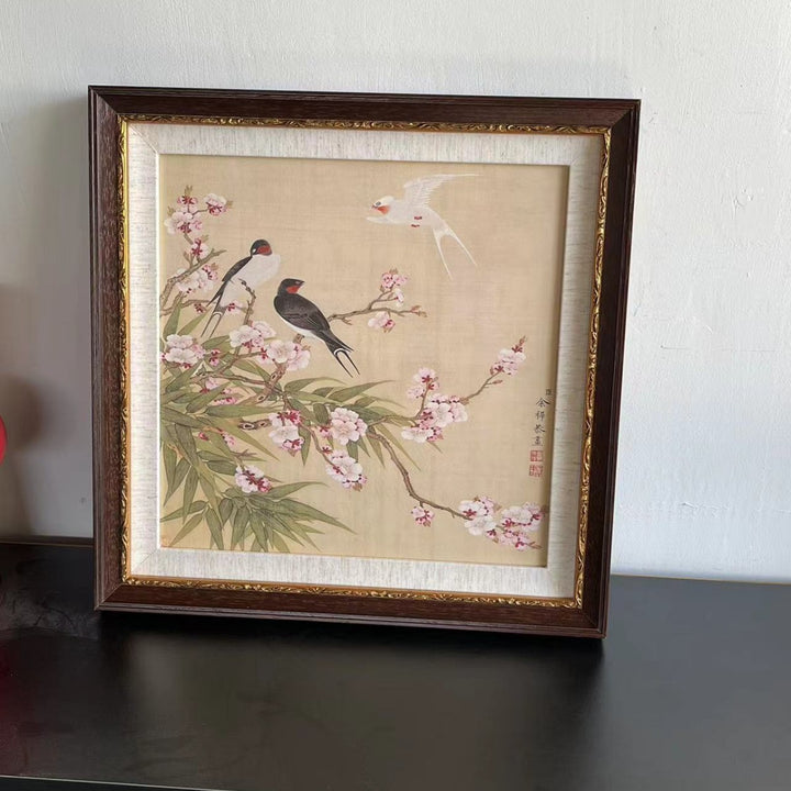 Gekaderde Aziatisch geïnspireerde bloem vogel kunstwerk