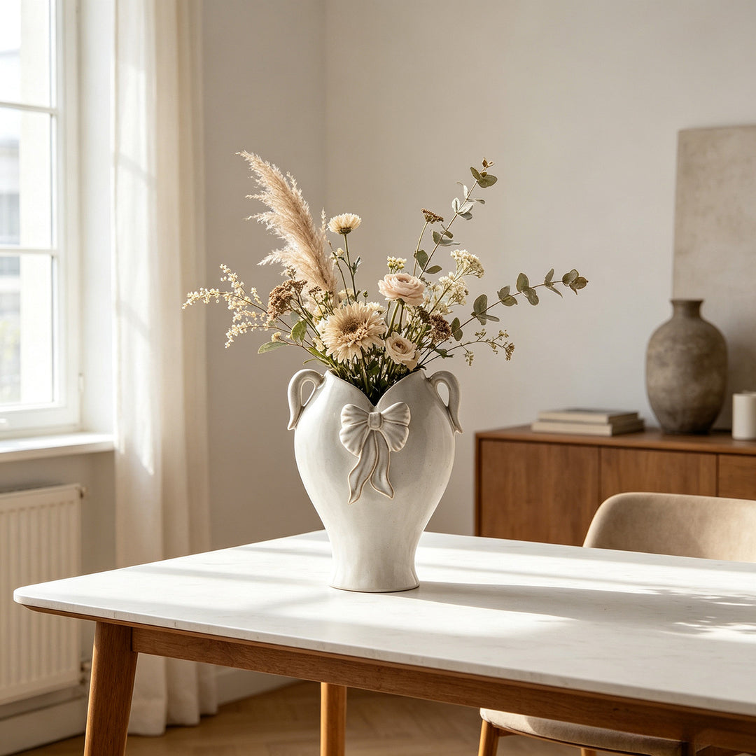 Decoratieve Keramieken Vaasje Versierd met Lint en Dubbele Lussen Handvatten