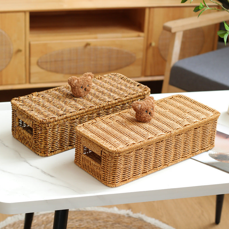 Decoratieve Gevlochten Opbergdoos Met Schattig Beren Deksel