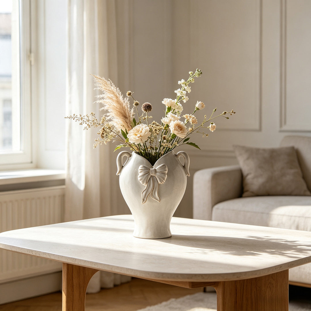 Decoratieve Keramieken Vaasje Versierd met Lint en Dubbele Lussen Handvatten