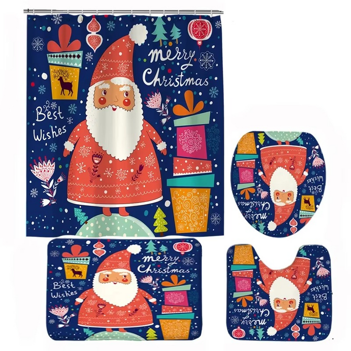 Arosta | Kerst Badkamer Set met Douchegordijn, Antislip Badmat, Toiletdeksel Cover en Tapijt – Kerstman, Beer en Sneeuwpop Winter Ontwerp