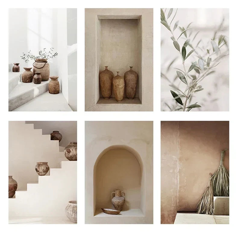 Neutrale kleuren terracotta stilleven vaas muurkunst fine art canvas afdrukken posters architectuur foto's voor moderne woonkamer slaapkamer woninginrichting | Arosta