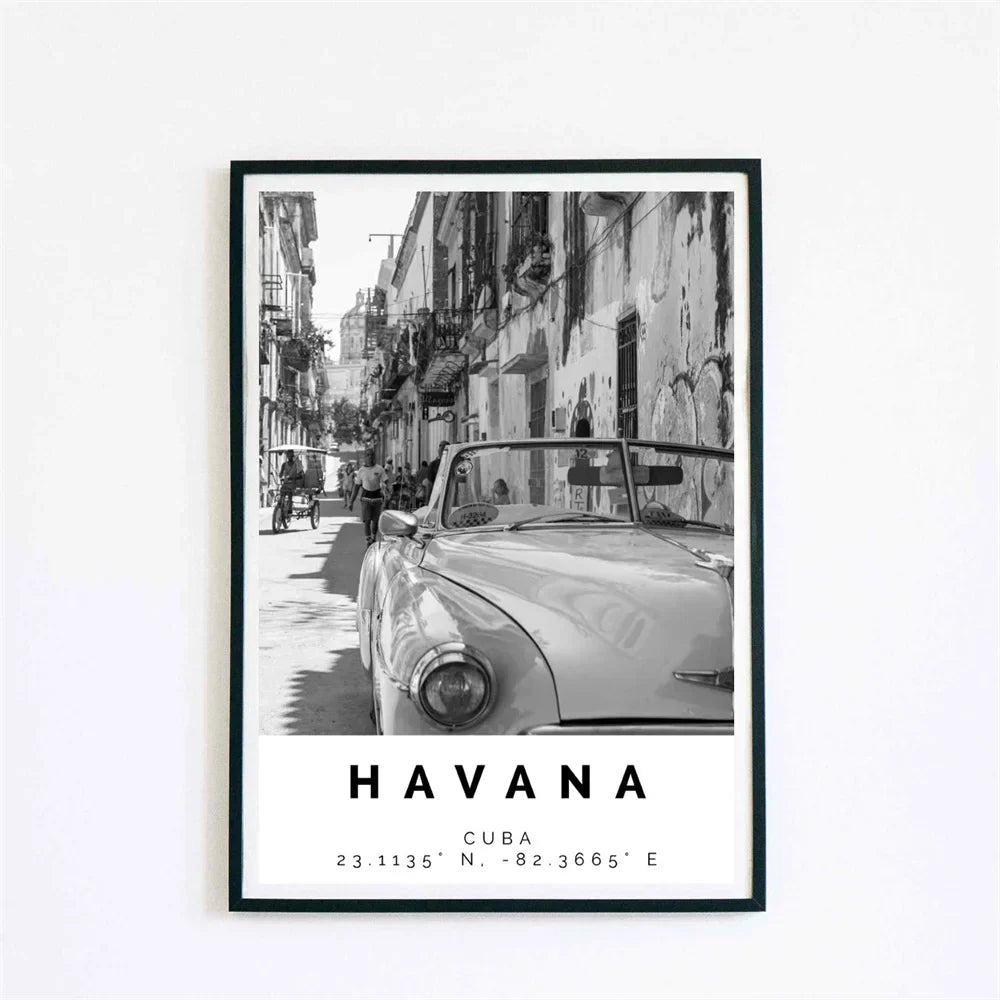 Cuba Havanna Zwart & Wit Reiseposter Wandkunst Fine Art Canvasprints afbeeldingen voor woonkamer eetkamer