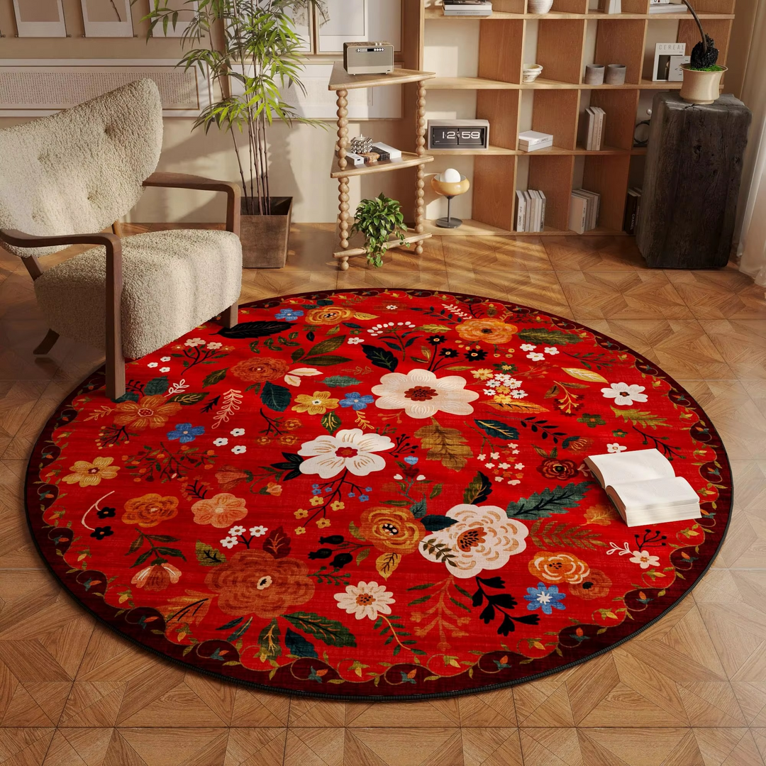Arosta | Beige Ronde Bloem Rug met Wasbare Antislip Achterkant, Kleurvast voor Woonkamer