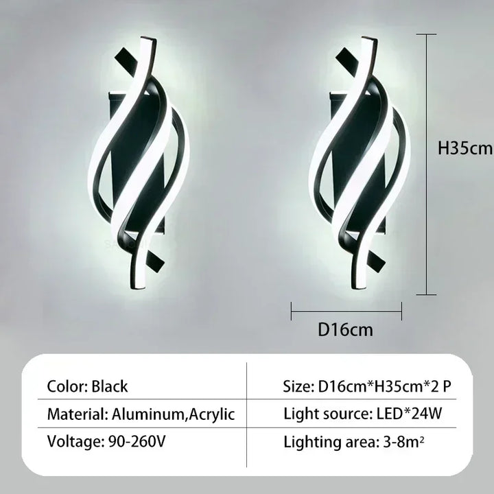 Moderne LED Wandlamp - Gebogen Spiraal Ontwerp, Omhoog & Omlaag Wandschakelaar voor Woonkamer, Slaapkamer, Keuken en Badkamer, Zwart, Goud & Wit