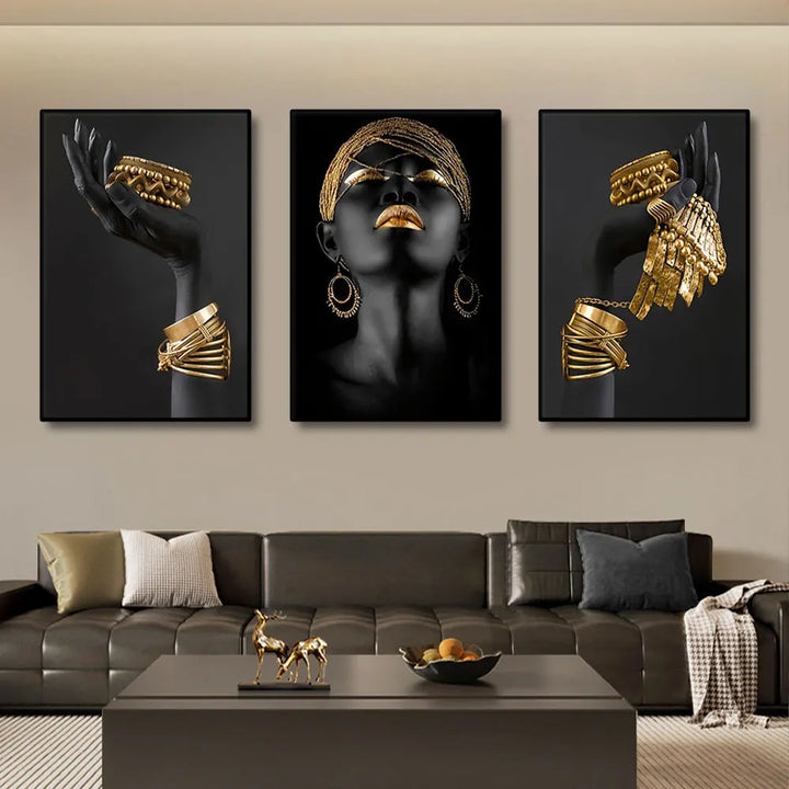 Set van 3 Stukken Zwart Gouden Vrouwenportret Muurkunst Fijne Kunst Canvasprints Beelden Voor Luxe Woonkamer Eetkamer Thuis Kantoor Decor