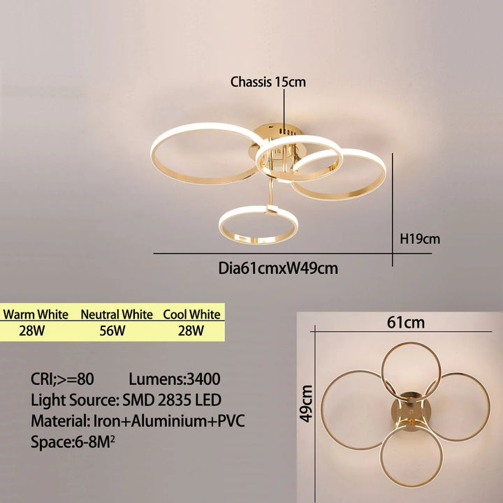 Modern LED plafondchandelier – Dimbare verlichting met afstandsbediening & app-besturing, Goud/Chroom/Zwart-afwerking, voor woonkamer & slaapkamer