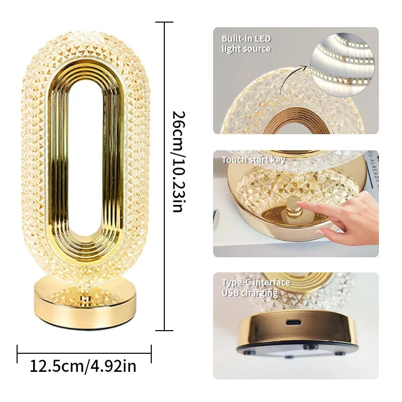 Moderne Luxe Oval USB oplaadbare Kristal Tafellamp – Dimbare LED Nachtlamp voor Slaapkamer, Woonkamer en Nachttafel Decor