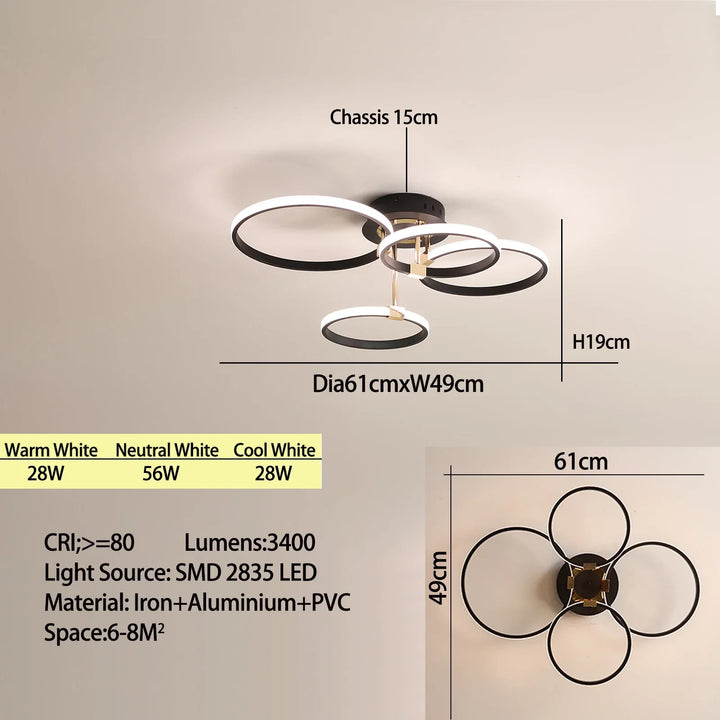 Modern LED plafondchandelier – Dimbare verlichting met afstandsbediening & app-besturing, Goud/Chroom/Zwart-afwerking, voor woonkamer & slaapkamer