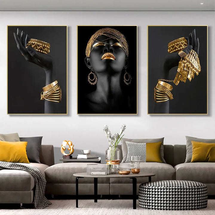 Set van 3 Stukken Zwart Gouden Vrouwenportret Muurkunst Fijne Kunst Canvasprints Beelden Voor Luxe Woonkamer Eetkamer Thuis Kantoor Decor