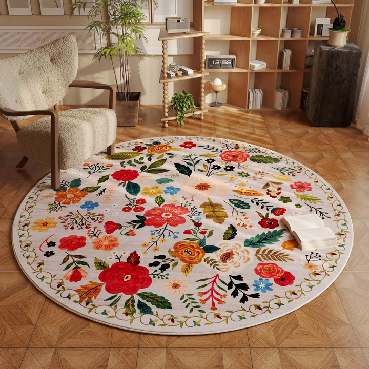 Arosta | Beige Ronde Bloem Rug met Wasbare Antislip Achterkant, Kleurvast voor Woonkamer
