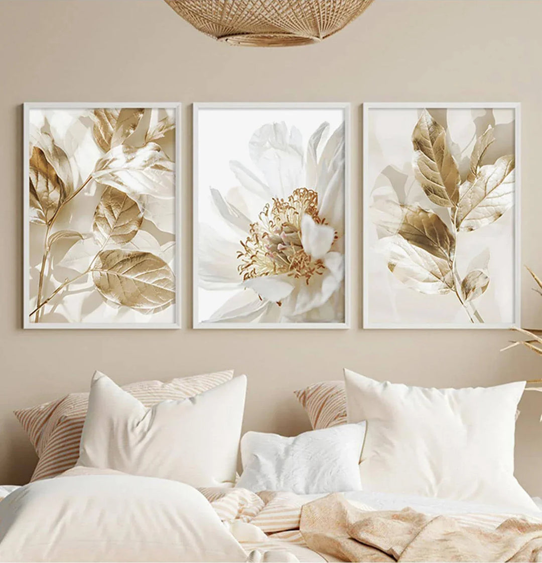 Moderne Witte & Gouden Bloemrijke Wandkunst Fijne Kunst Canvas Prints Foto's Voor Woonkamer Eetkamer Slaapkamer Kunst Decor (Set van 3 Stukken)